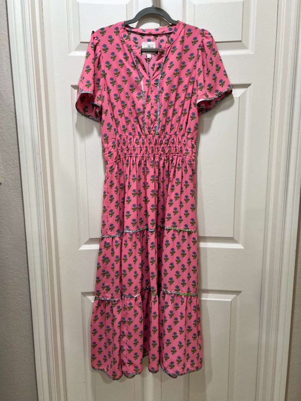NWT Women's Umgee Winslet Botanical Dress Pink Floral Tiered Midi Dress - Medium